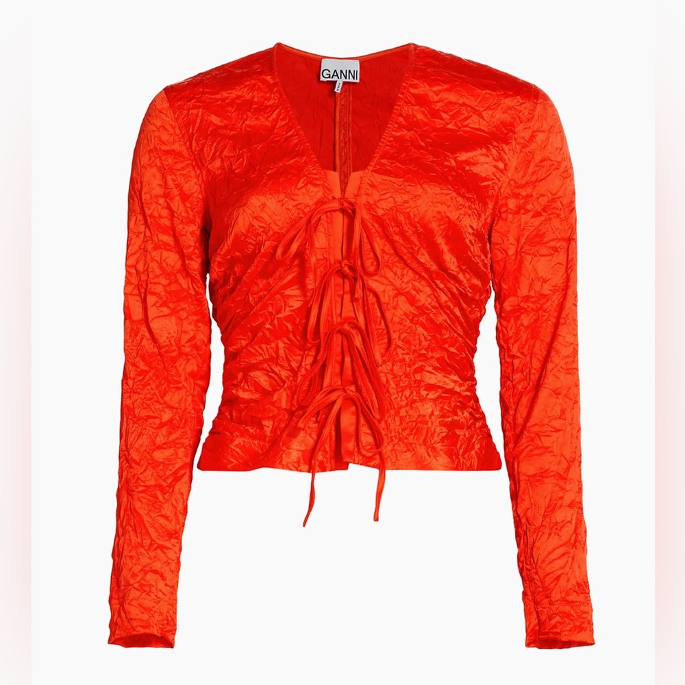 NWOT Ganni Crinkled Satin Te-Front Blouse, size 36(4), color Grenadine